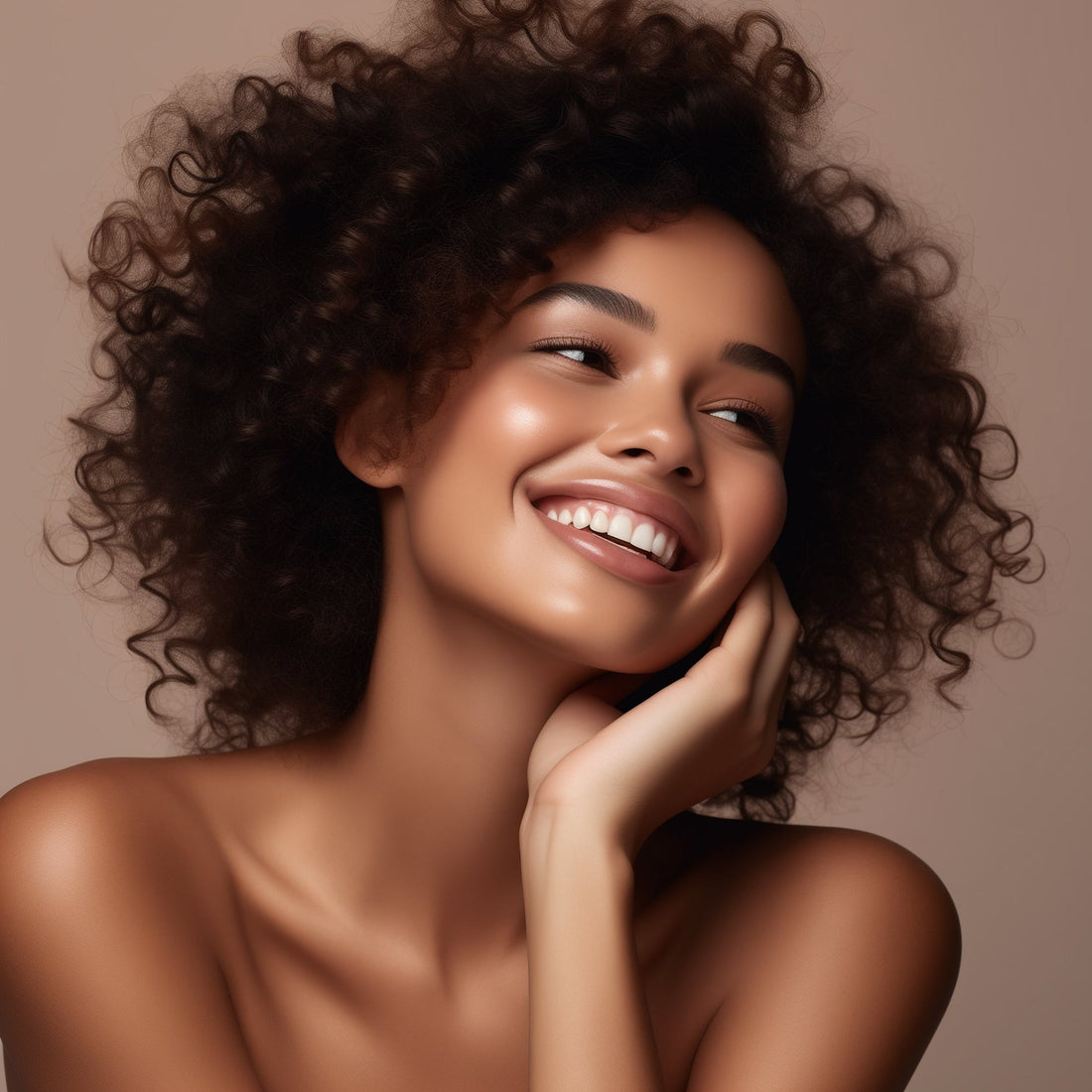 a woman smiling and touching her face after applying barrier lotion and makeup