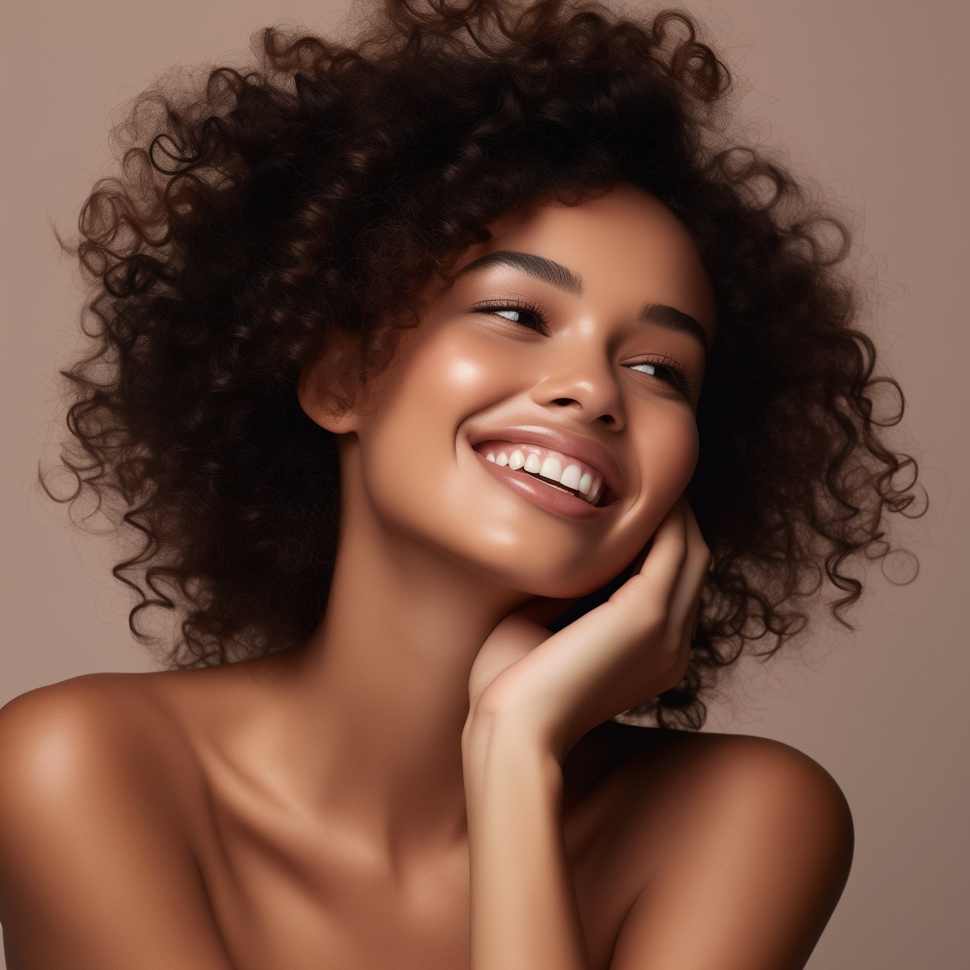 a woman smiling and touching her face after applying barrier lotion and makeup