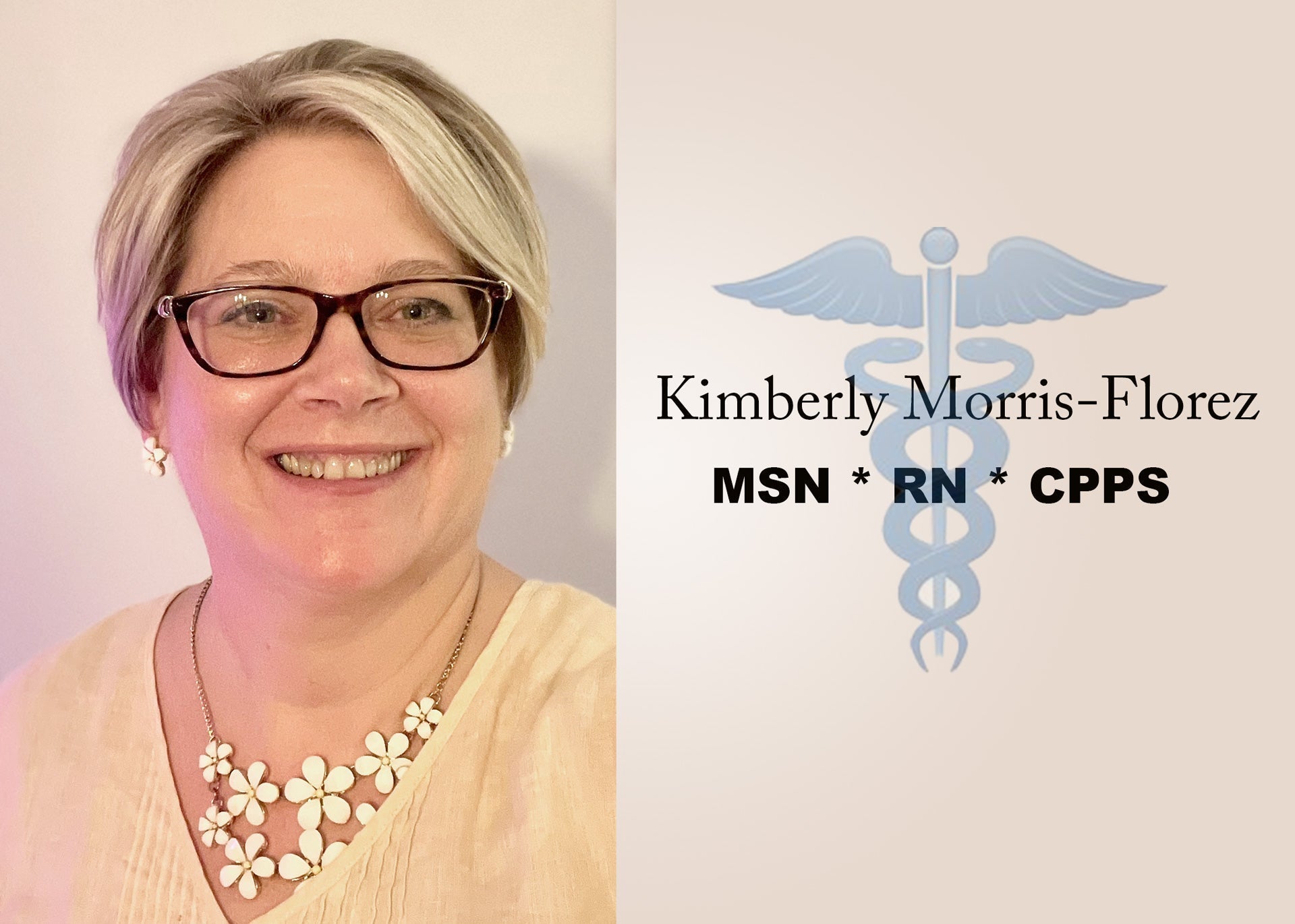 A headshot of Nurse Kim smiling next to her MSN, RN, and CPPS nursing credentials