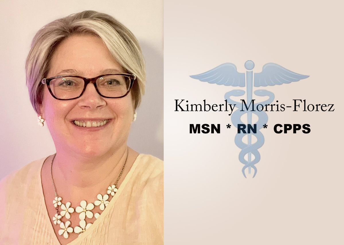 A headshot of Nurse Kim smiling next to her MSN, RN, and CPPS nursing credentials