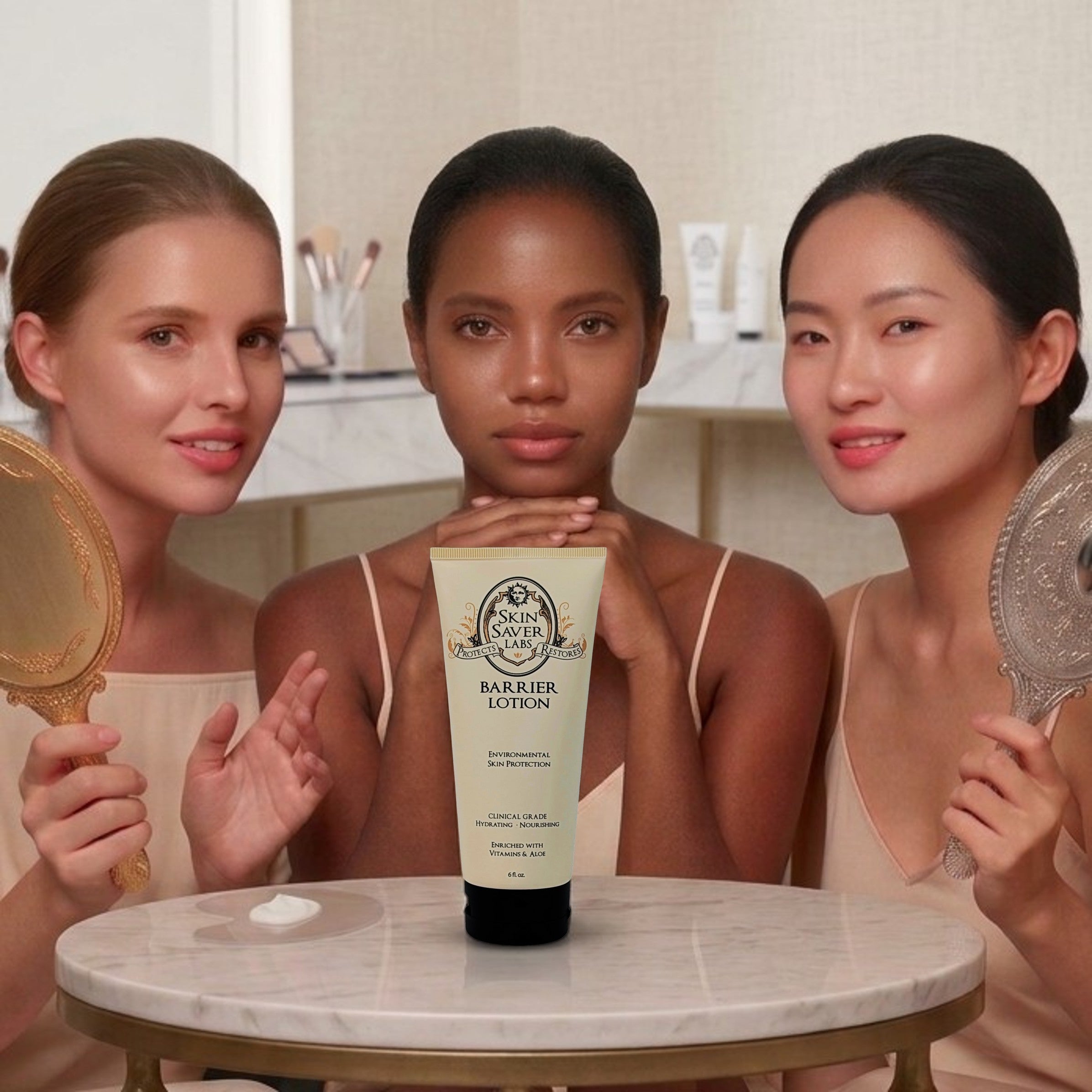 Three women of various ethnicities and skin types pose behind a marble table displaying a tube of 'Barrier Lotion' by 'Skin Saver Labs'. 