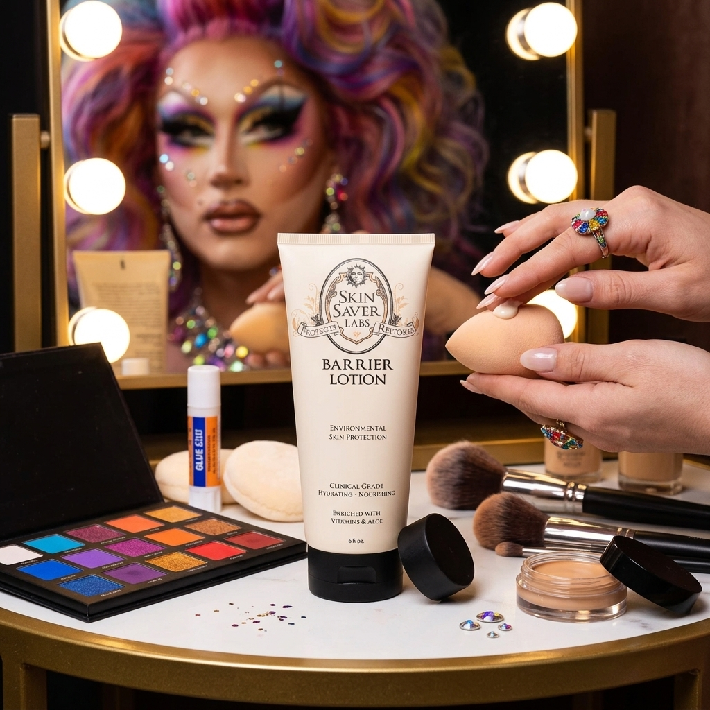 A tube of Skin Saver Labs Barrier Lotion stands on a vanity table in front of a lit makeup mirror, surrounded by cosmetics and a person's hands holding a makeup sponge. The scene includes an eyeshadow palette, brushes, a small bottle, and the reflected face of a person with dramatic makeup.