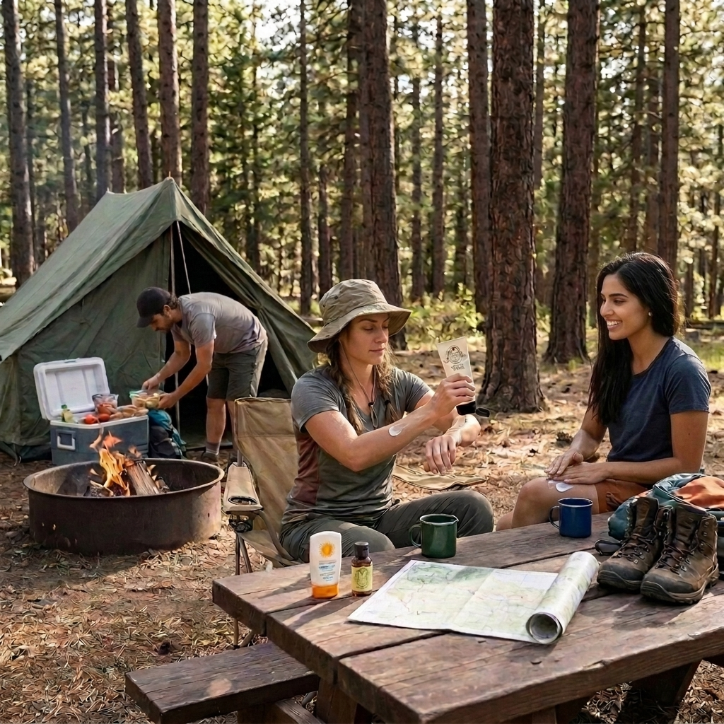 Three people camping in a forest with a green tent, campfire, picnic table, map, mugs, and hiking boots visible. The central person holds a tube of Barrier Lotion as she applies it to her arms, with another person cooking by the fire and a third seated nearby applying Barrier Lotion to her legs.
