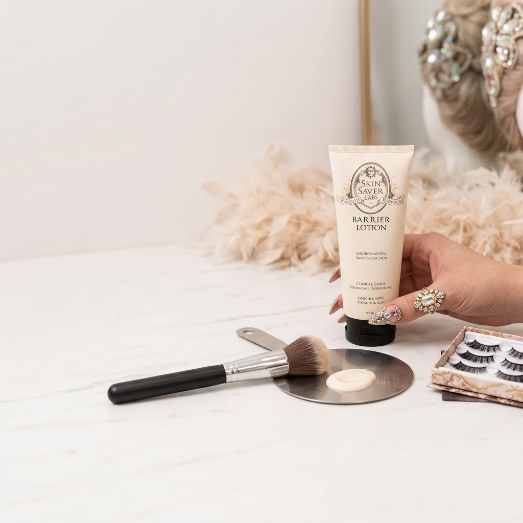 A fabulous hand holds a tube of Barrier Lotion by Skin Saver Labs on a white marble surface, surrounded by makeup tools and false eyelashes. The background is softly blurred with decorative feathers and a mirror.