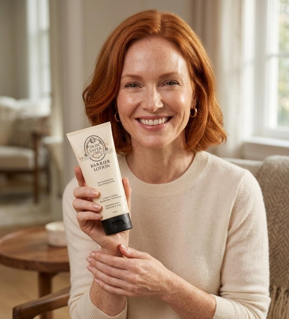A smiling woman with red hair and fair skin holds a tube of Barrier Lotion by Skin Saver Labs in a brightly lit, cozy indoor setting. She looks radiant and happy.