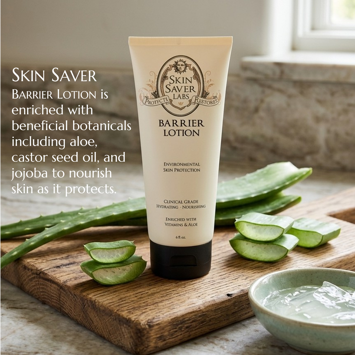 A tube of Skin Saver Labs Barrier Lotion stands on a wooden board with aloe vera slices and a bowl of aloe gel in a softly lit bathroom-like setting. Text on the left describes the lotion's botanical ingredients.