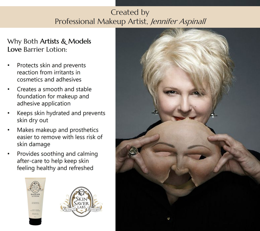 An image of professional makeup artist and Skin Saver Labs founder Jennifer Aspinall holding a prosthetic face mask and smiling, with text explaining why professional makeup and effects artists and models love Barrer Lotion including how it protects skin from irritation, creates a stable foundation, keeps skin hydrated, makes makeup easier and safer to remove, and helps skin stay healthy and refreshed.
