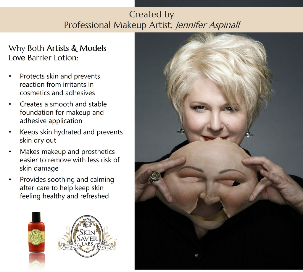 An image of professional makeup artist and Skin Saver Labs founder Jennifer Aspinall holding a prosthetic face mask and smiling, with text explaining why professional makeup and effects artists and models love Barrer Lotion including how it protects skin from irritation, creates a stable foundation, keeps skin hydrated, makes makeup easier and safer to remove, and helps skin stay healthy and refreshed.
