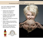An image of professional makeup artist and Skin Saver Labs founder Jennifer Aspinall holding a prosthetic face mask and smiling, with text explaining why professional makeup and effects artists and models love Barrer Lotion including how it protects skin from irritation, creates a stable foundation, keeps skin hydrated, makes makeup easier and safer to remove, and helps skin stay healthy and refreshed.