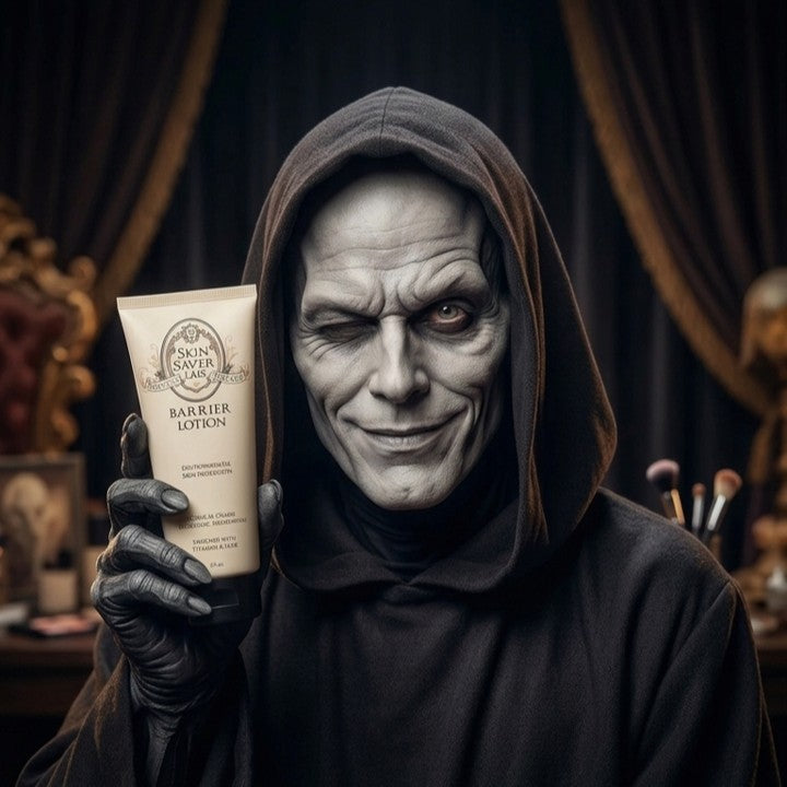 A hooded Grim Reaper figure in dark robes holds up a tube of Skin Saver Barrier Lotion and winks to the camera. The figure has pale, wrinkled skin, dark hands and nails, and is posed in front of a dark, moody background with draped curtains, makeup brushes, and vanity items.