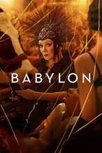 Promotional poster for 'Babylon' with a woman in a headpiece and text overlay.