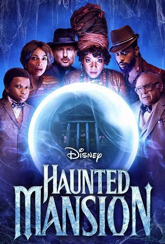 Promotional poster for 'Haunted Mansion' featuring characters and a glowing orb.