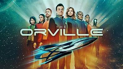 Promotional poster for 'The Orville' with characters and spaceship in space-themed background