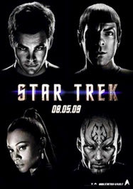 Promotional poster for 'Star Trek' with four characters and release date on a black background.
