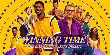 Promotional poster for 'Winning Time: The Rise of the Lakers Dynasty' with characters in sports attire on a yellow background.