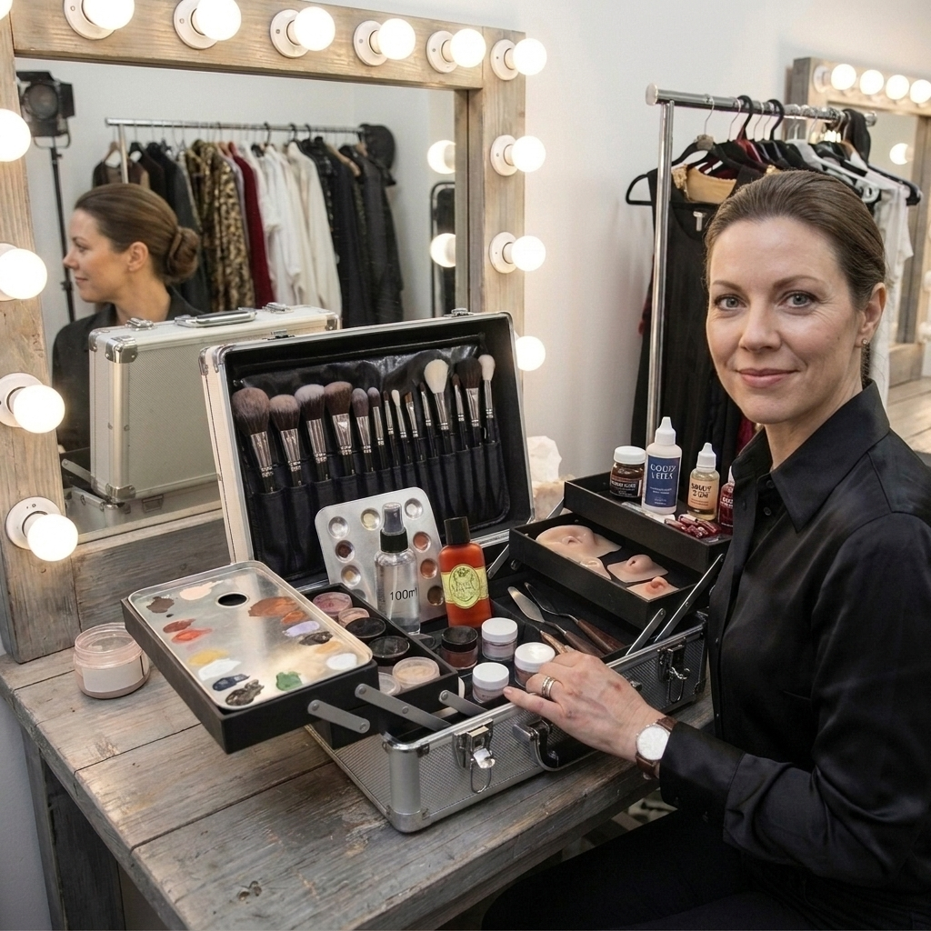 A woman in a black shirt sits at a wooden vanity table with a large mirror and light bulbs, holding open a silver makeup case filled with brushes, palettes, and cosmetic bottles including a 2-ounce bottle of Barrier Lotion by Skin Saver Labs. Clothing racks and additional mirrors are visible in the bright backstage setting.