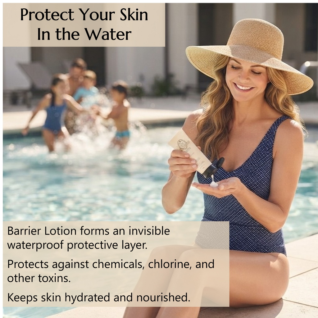 A woman in a blue swimsuit and straw hat sits by a swimming pool applying Barrier Lotion to protect her skin from the water, chlorine, and chemicals and to keep it hydrated as she swims. Children play in the pool in the background. 
