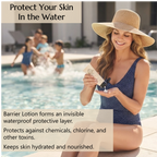 A woman in a blue swimsuit and straw hat sits by a swimming pool applying Barrier Lotion to protect her skin from the water, chlorine, and chemicals and to keep it hydrated as she swims. Children play in the pool in the background. 