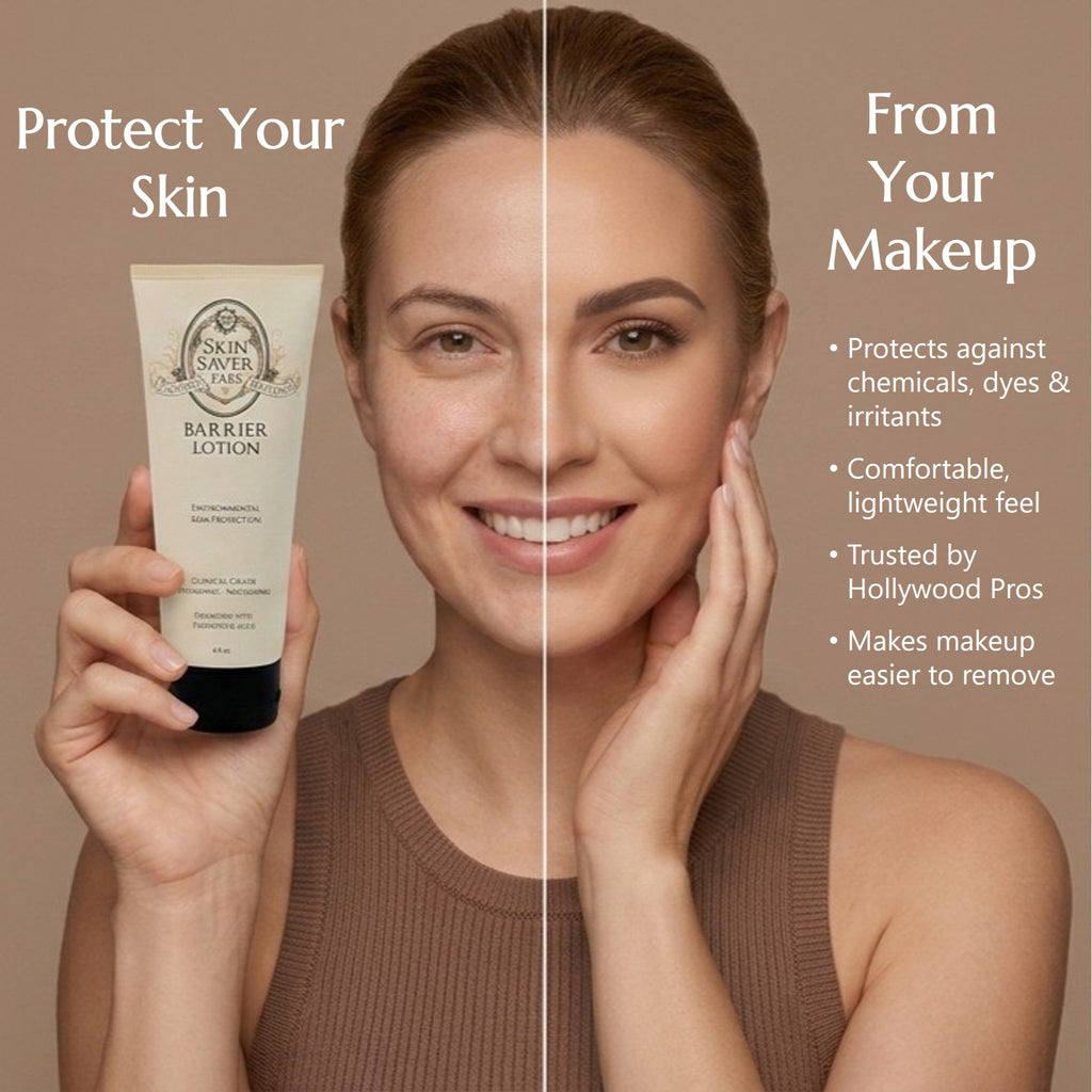 A woman with split-screen skincare benefits text, holding a tube of Barrier Lotion. from Skin Saver Labs The left side shows clean, protected skin, while the right side shows makeup and lists product benefits against chemicals, dyes, and irritants.