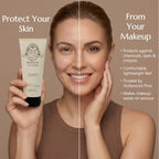 A woman with split-screen skincare benefits text, holding a tube of Barrier Lotion. from Skin Saver Labs The left side shows clean, protected skin, while the right side shows makeup and lists product benefits against chemicals, dyes, and irritants.