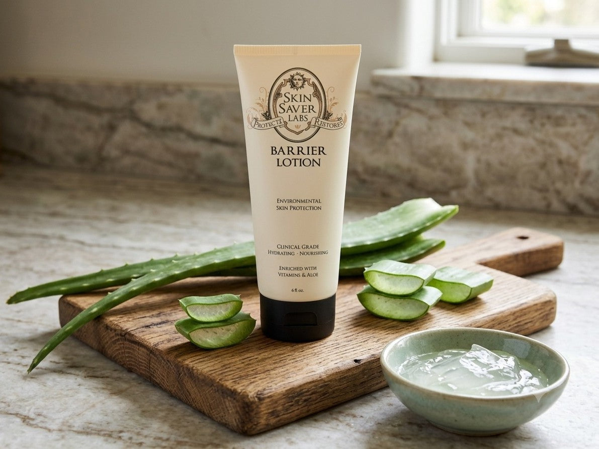 Tube of Skin Saver Labs Barrier Lotion with aloe vera on a wooden cutting board.