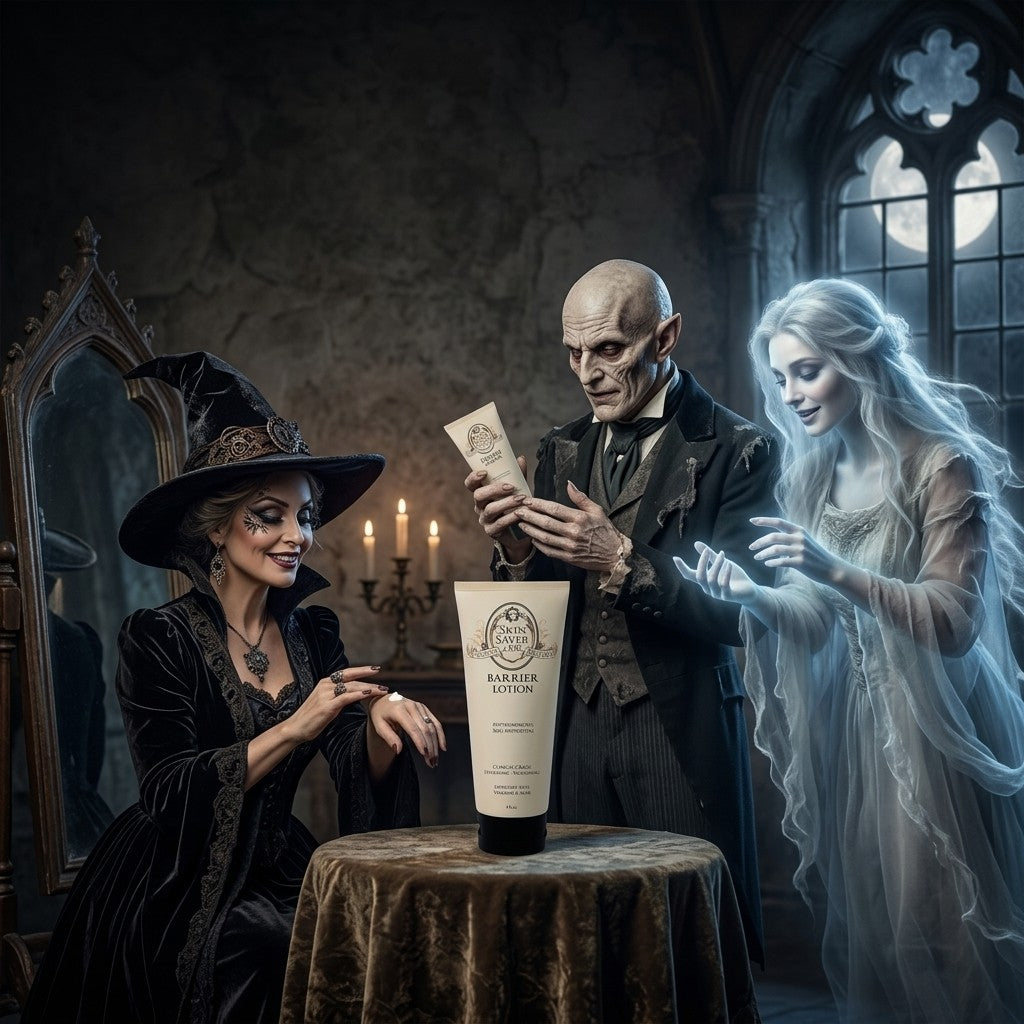 A gothic-themed scene featuring a woman in a black witch hat and dress, a man in a ghoul character makeup wearing a black suit, and a glowing pale woman in a ghostly dress. A ltube of Barrier Lotion by Skin Saver Labs stands on a cauldron covered in a velvet sheet in the foreground.
