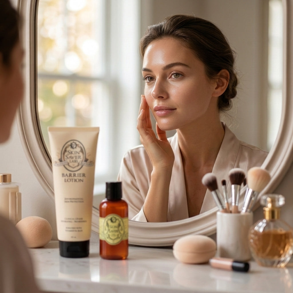 A woman in a satin robe looks into a mirror while applying Barrier Lotion to her face, with skincare products including a 6-ounce tube f Barrier Lotion by Skin Saver Labs and a 2-ounce bottle of Barrier Lotion on a vanity table.