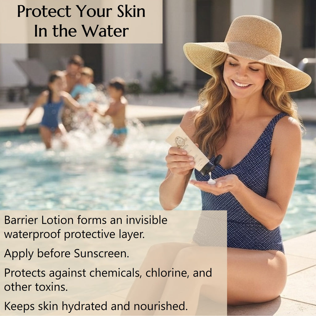 A woman in a blue swimsuit and straw hat sits by a swimming pool applying Barrier Lotion to protect her skin from the water, chlorine, and chemicals and to keep it hydrated as she swims. Children play in the pool in the background. 