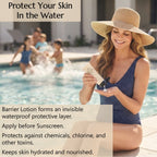 A woman in a blue swimsuit and straw hat sits by a swimming pool applying Barrier Lotion to protect her skin from the water, chlorine, and chemicals and to keep it hydrated as she swims. Children play in the pool in the background. 