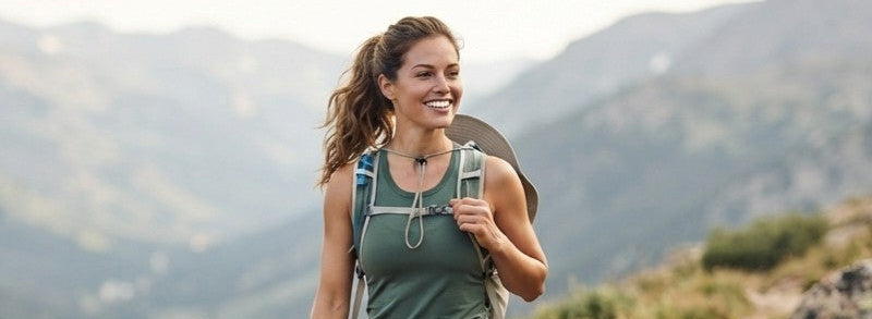 A woman hiking on a rocky mountain trail, wearing a green tank top, khaki shorts, hiking boots, and a gray backpack.