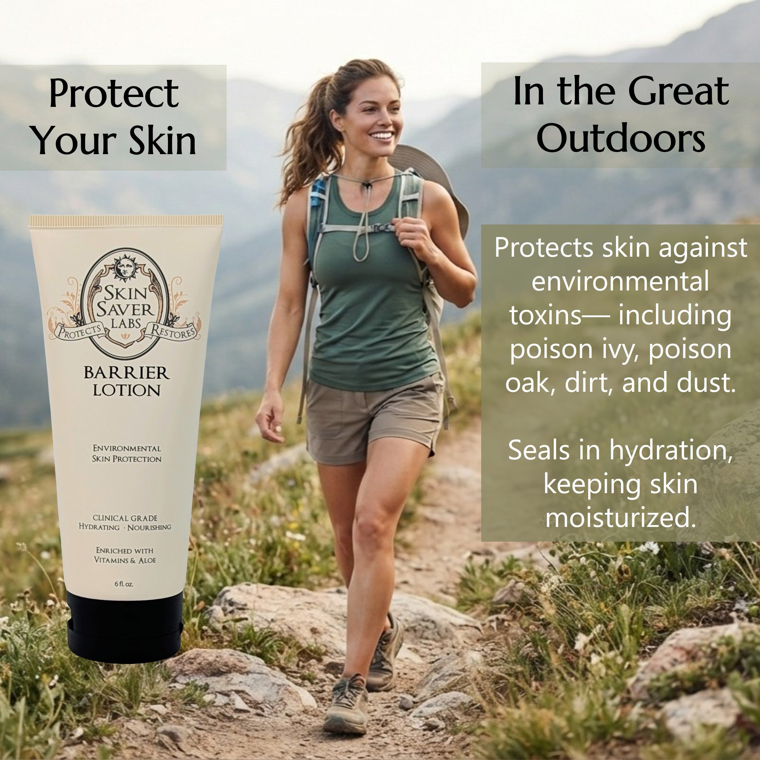 A woman hiking on a mountain trail and wearing Barrier Lotion to protect her skin from poison ivy, poison oak, dirt, and dust, and to keep her skin hydrated throughout the day.