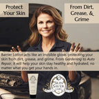 A woman stands in front of an open car engine holding a tube of Barrier Lotion. Text overlays read 'Protect Your Skin', 'From Dirt, Grease, & Grime', and text explains how Barrier Lotion protects skin and helps keep it healthy no matter what you get your hands in.