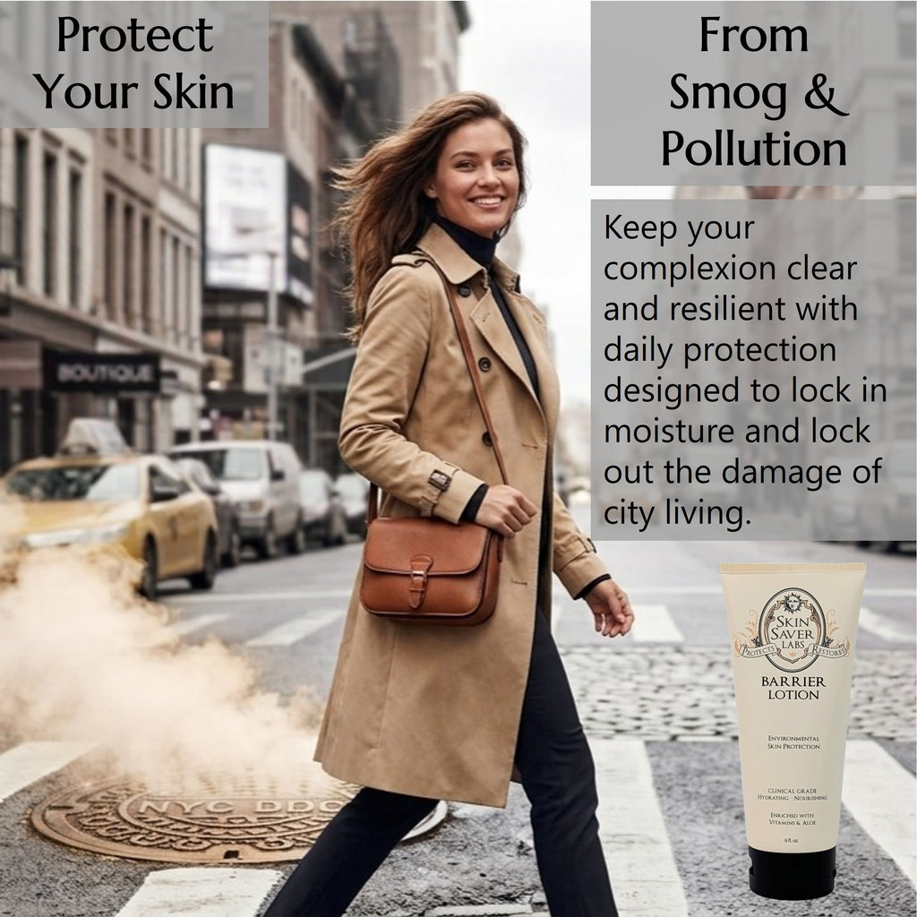 A woman in a beige trench coat walks across a city crosswalk while wearing a brown leather crossbody bag. She is walking past a manhole emitting steam. She is wearing Barrier Lotion to protect her skin from smog and pollution and to keep it hydrated as she explores the city.